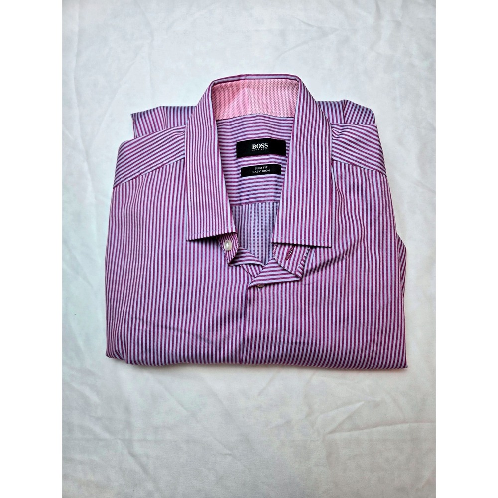 BOSS Hugo Boss Slim Fit Dress Shirt Mens L Pink Purple‎ French Cuffs Woven Italy